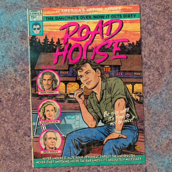 Vintage comic–style Road House art print inspired by 80s cult action cinema