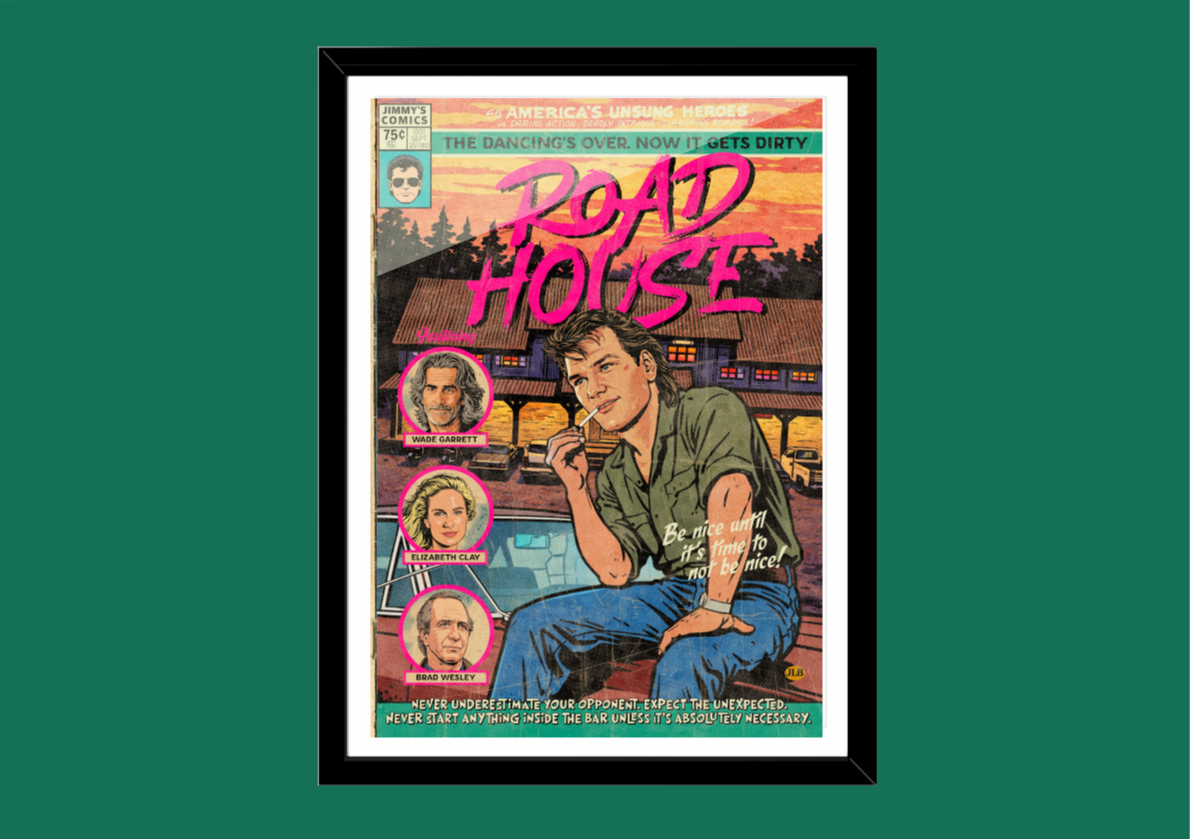 Road House retro comic cover–style art print with neon 80s action aesthetic