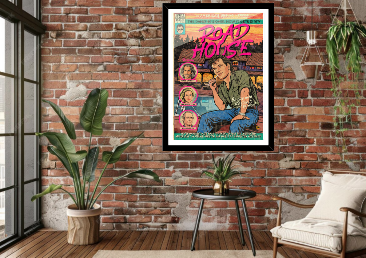 Framed Road House comic-style art print displayed in modern interior