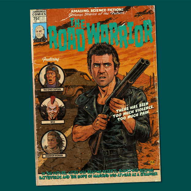 Vintage comic–style Mad Max art print inspired by cult post-apocalyptic cinema
