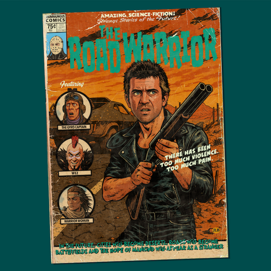 Vintage comic–style Mad Max art print inspired by cult post-apocalyptic cinema