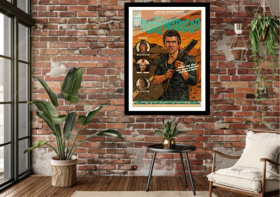 Framed Mad Max comic-style art print displayed in a modern interior