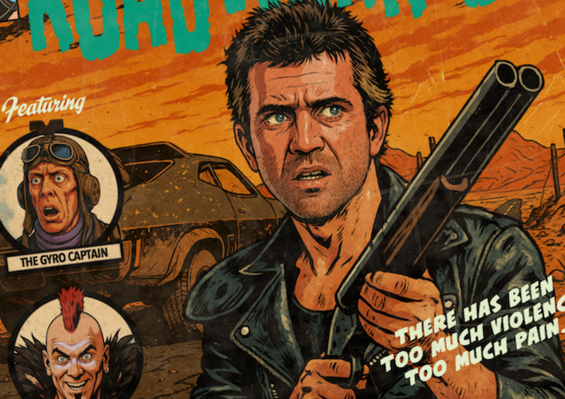 Close-up of halftone texture and distressed comic detail on Mad Max art print