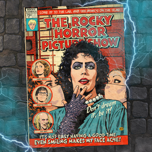 Vintage comic-style Rocky Horror Picture Show art print inspired by cult musical cinema