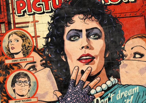Close-up of distressed comic detail on Rocky Horror Picture Show print