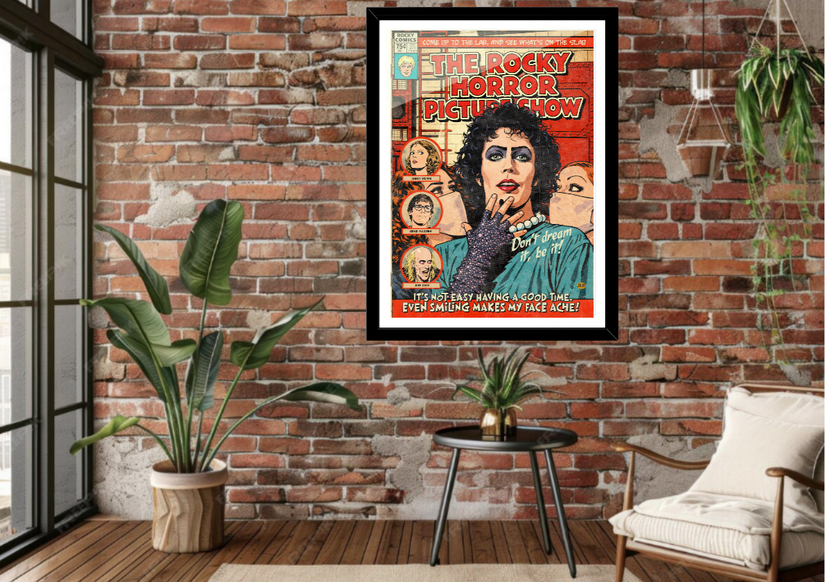 Rocky Horror Picture Show retro comic cover poster displayed in modern home