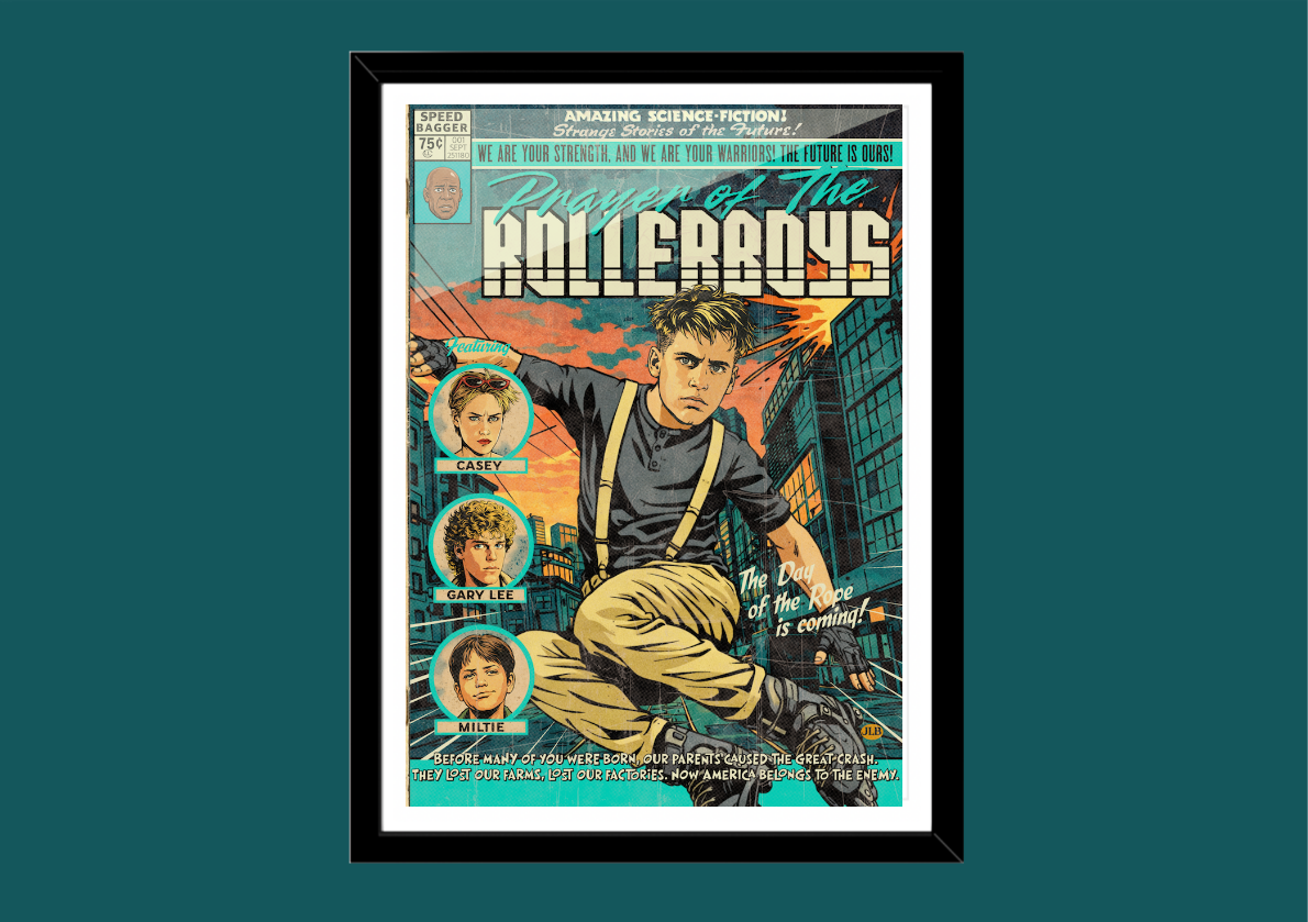 Prayer of the Rollerboys retro comic cover–style art print with neon dystopian aesthetic