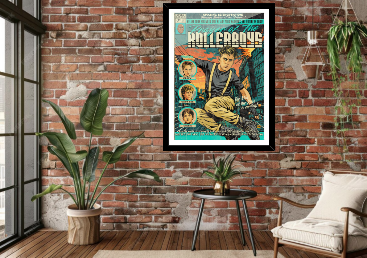 Framed Prayer of the Rollerboys comic-style art print displayed in modern interior