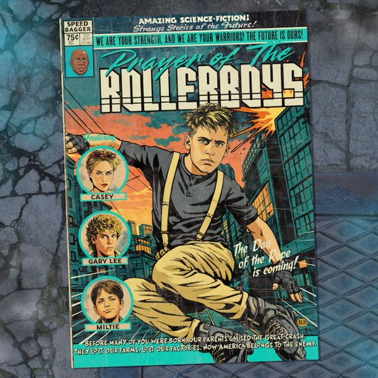 Vintage comic–style Prayer of the Rollerboys art print inspired by 90s dystopian sci-fi cinema