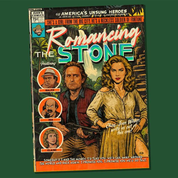 Vintage comic–style Romancing the Stone art print inspired by 80s adventure romance cinema
