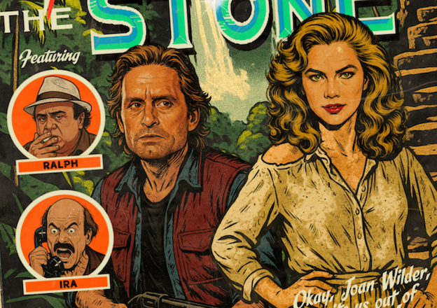 Close-up of halftone texture and distressed comic detail on Romancing the Stone art print
