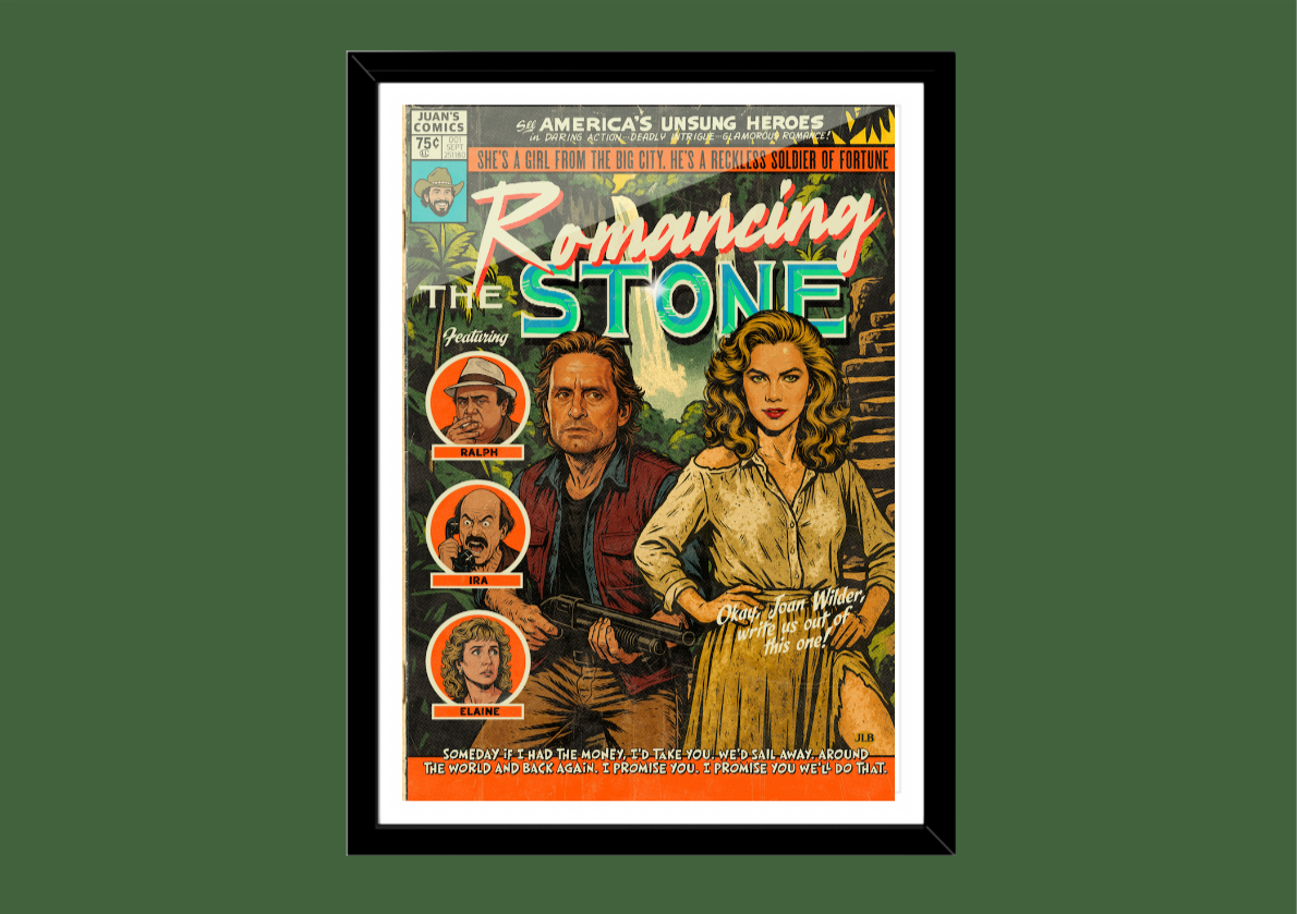 Romancing the Stone retro comic cover–style art print with jungle adventure aesthetic