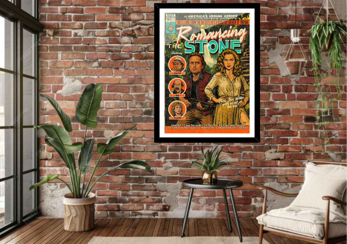 Framed Romancing the Stone comic-style art print displayed in a modern interior