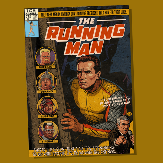 Vintage comic–style The Running Man art print featuring Arnold Schwarzenegger in 80s action style
