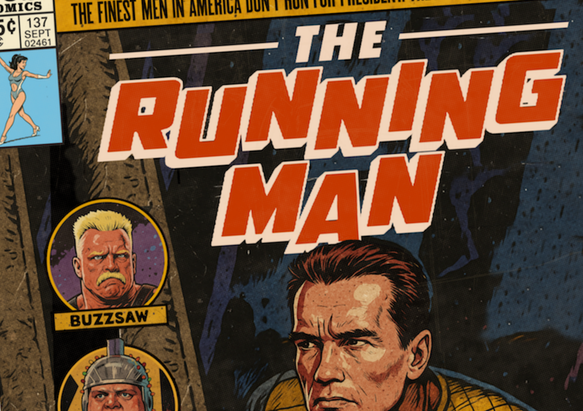 Close-up of halftone and distressed comic texture on The Running Man art print