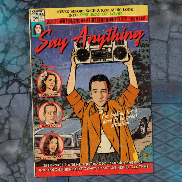Vintage comic–style Say Anything art print inspired by 80s cult romance cinema