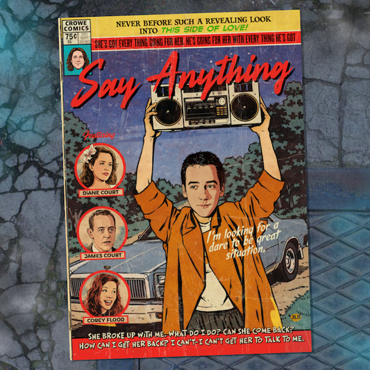 Vintage comic–style Say Anything art print inspired by 80s cult romance cinema