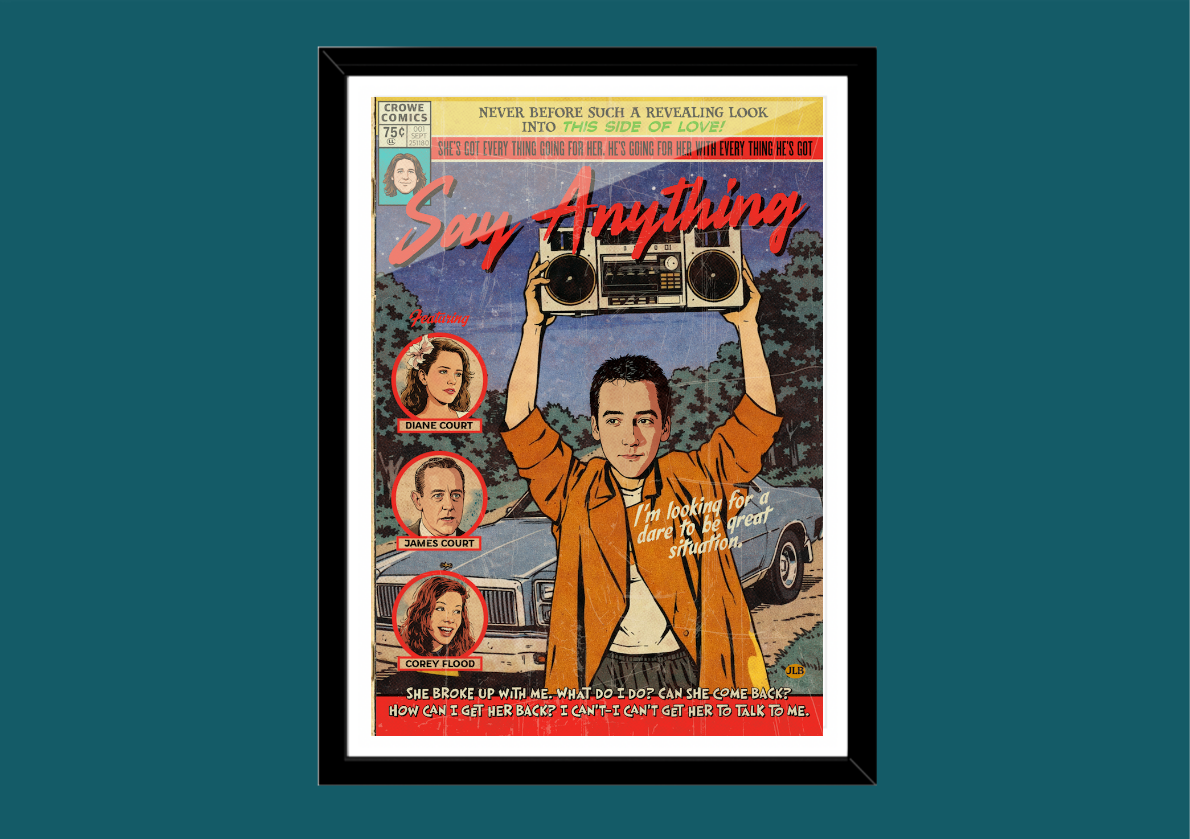 Comic book-style poster with a person holding a boombox against a blue background