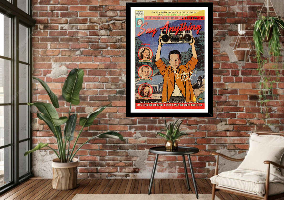 Framed Say Anything comic-style art print displayed in modern interior