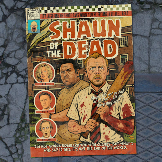 Vintage comic-style Shaun of the Dead art print inspired by cult zombie comedy cinema