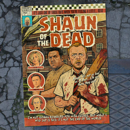 Vintage comic-style Shaun of the Dead art print inspired by cult zombie comedy cinema