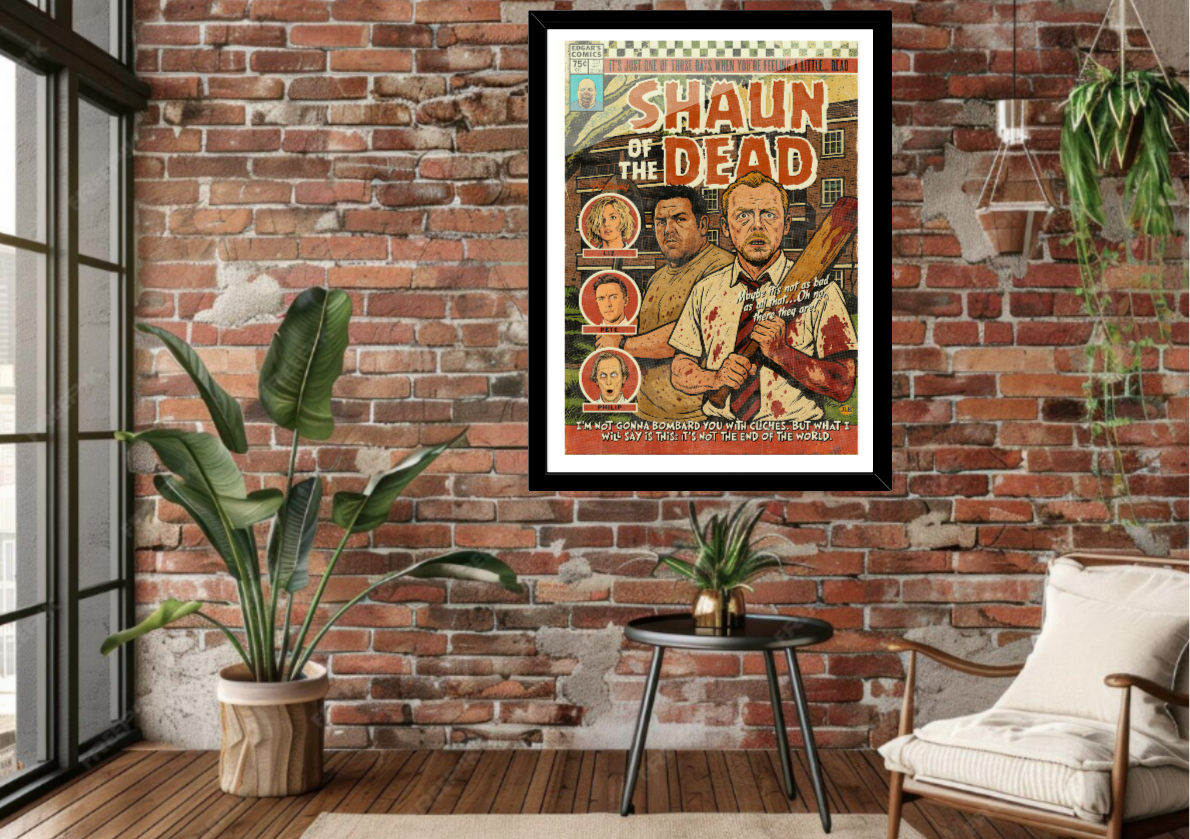 Shaun of the Dead retro comic cover wall art displayed in modern interior