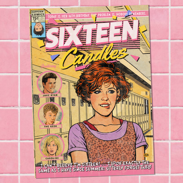 Vintage comic–style Sixteen Candles art print inspired by 80s teen comedy cinema