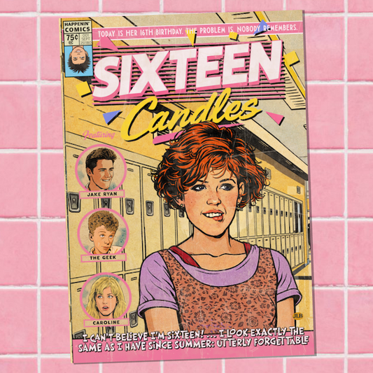 Vintage comic–style Sixteen Candles art print inspired by 80s teen comedy cinema