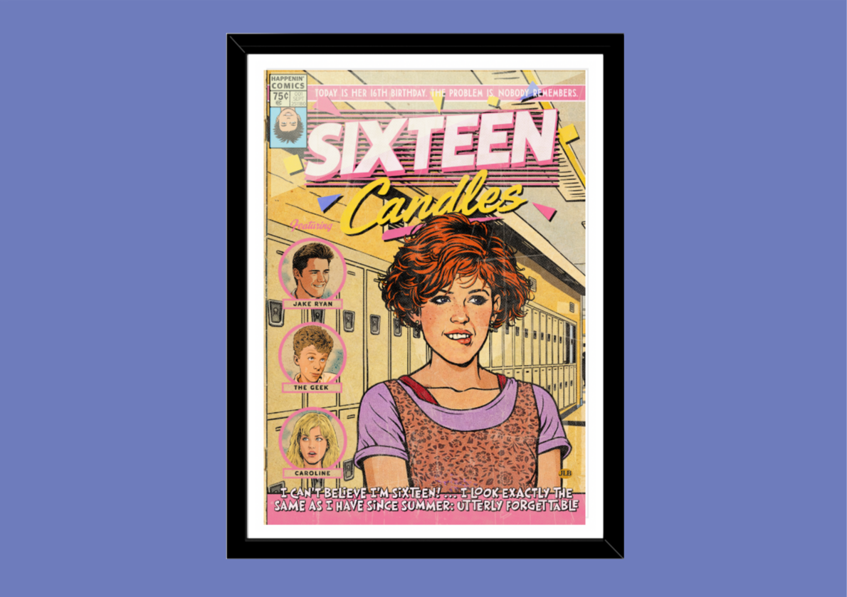 Sixteen Candles retro comic cover–style art print with nostalgic teen comedy aesthetic