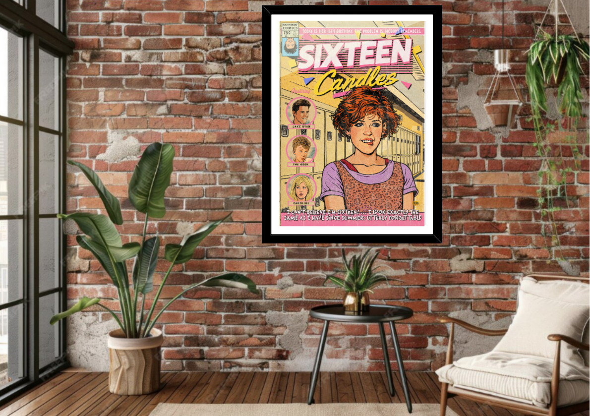 Framed Sixteen Candles comic-style art print displayed in modern interior