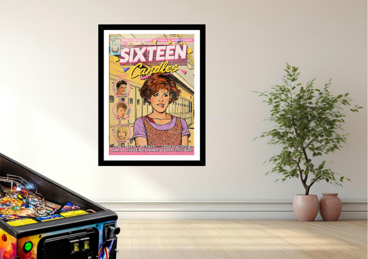 Sixteen Candles vintage comic art print styled with soft nostalgic decor