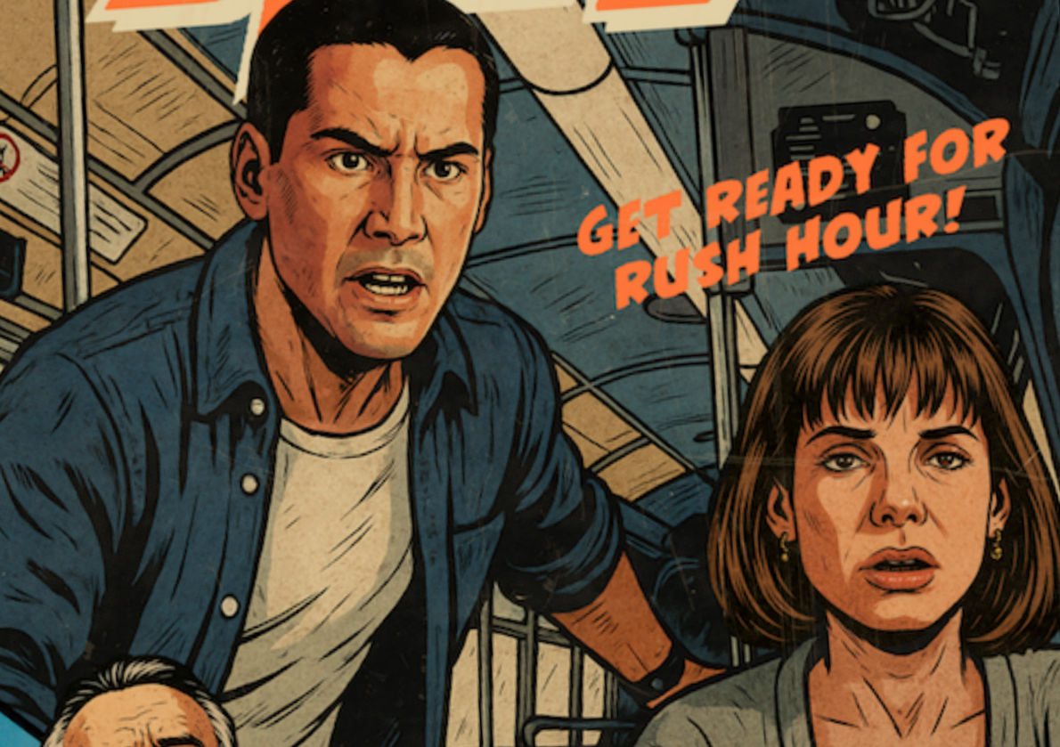 Retro comic cover wall art featuring Keanu Reeves and Sandra Bullock