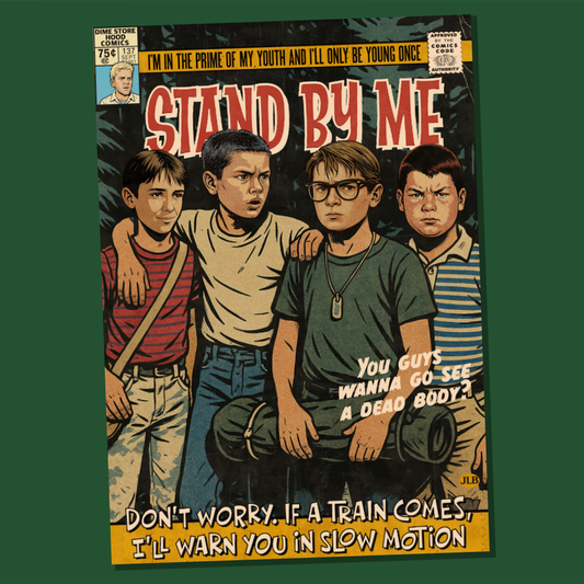 Vintage comic book–style Stand By Me art print featuring four boys on an adventure, inspired by Golden Era comics