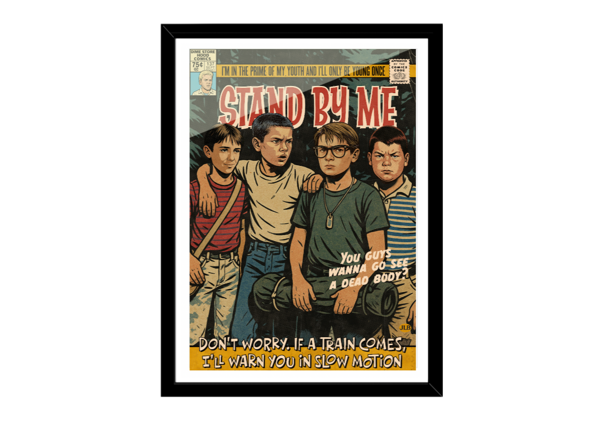 Stand By Me inspired retro comic cover art print with nostalgic adventure theme