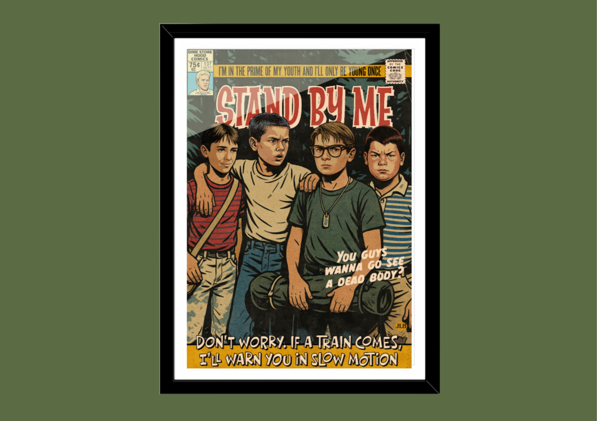 Poster of 'Stand By Me' with four boys on a green background