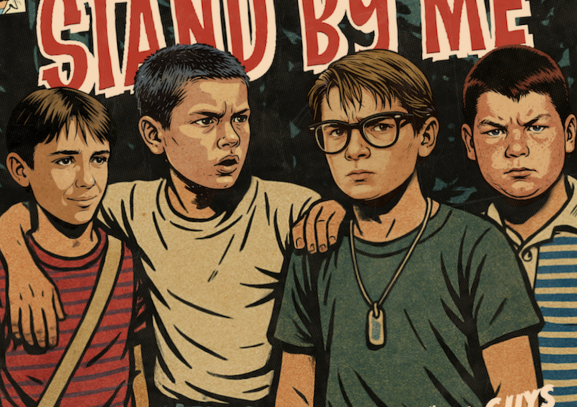 Stand By Me inspired retro comic cover art print with nostalgic adventure theme