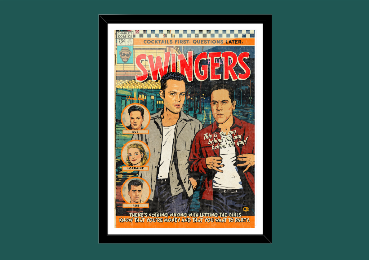 Swingers retro comic cover–style art print with stylish 90s nightlife aesthetic