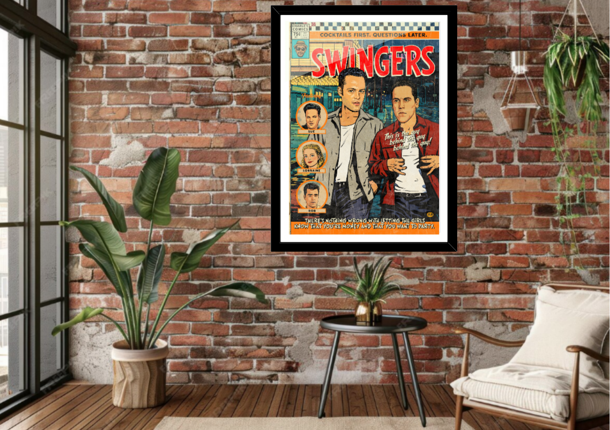 Framed Swingers comic-style art print displayed in modern interior
