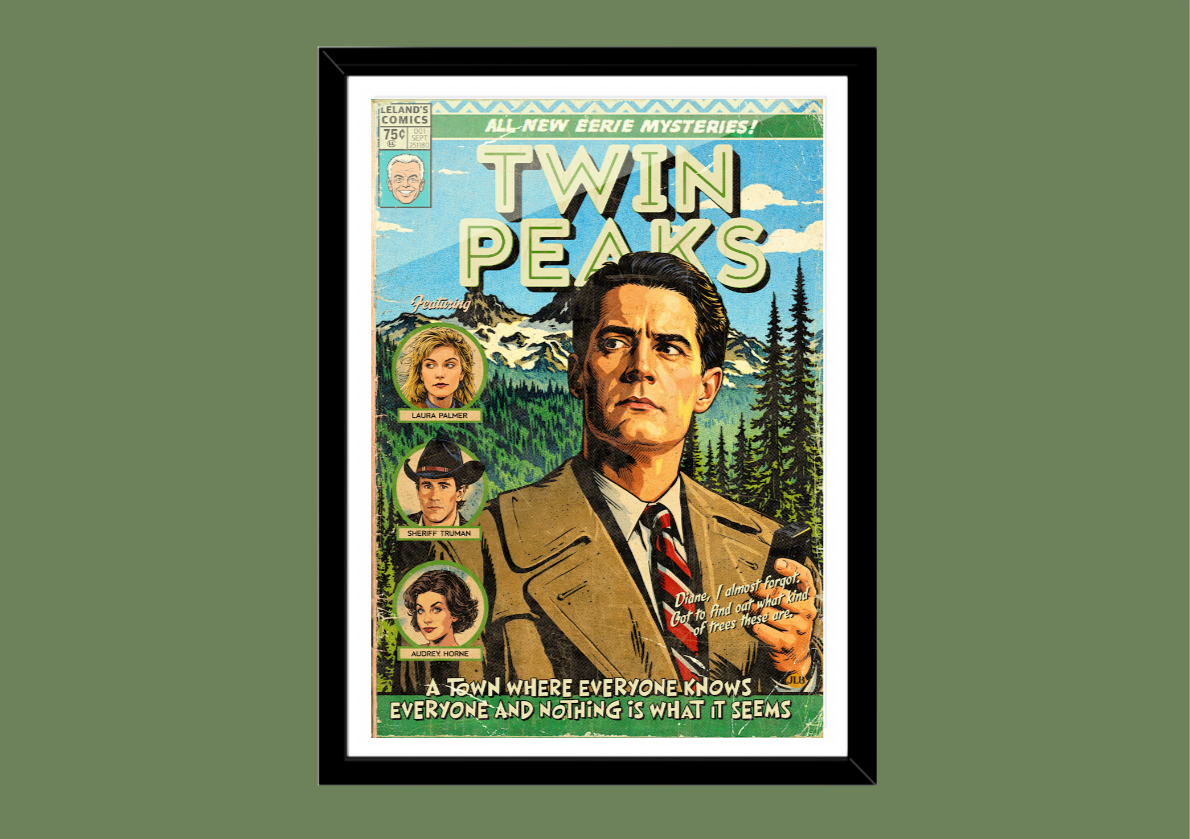 Vintage-style Twin Peaks poster with characters and text on a green background