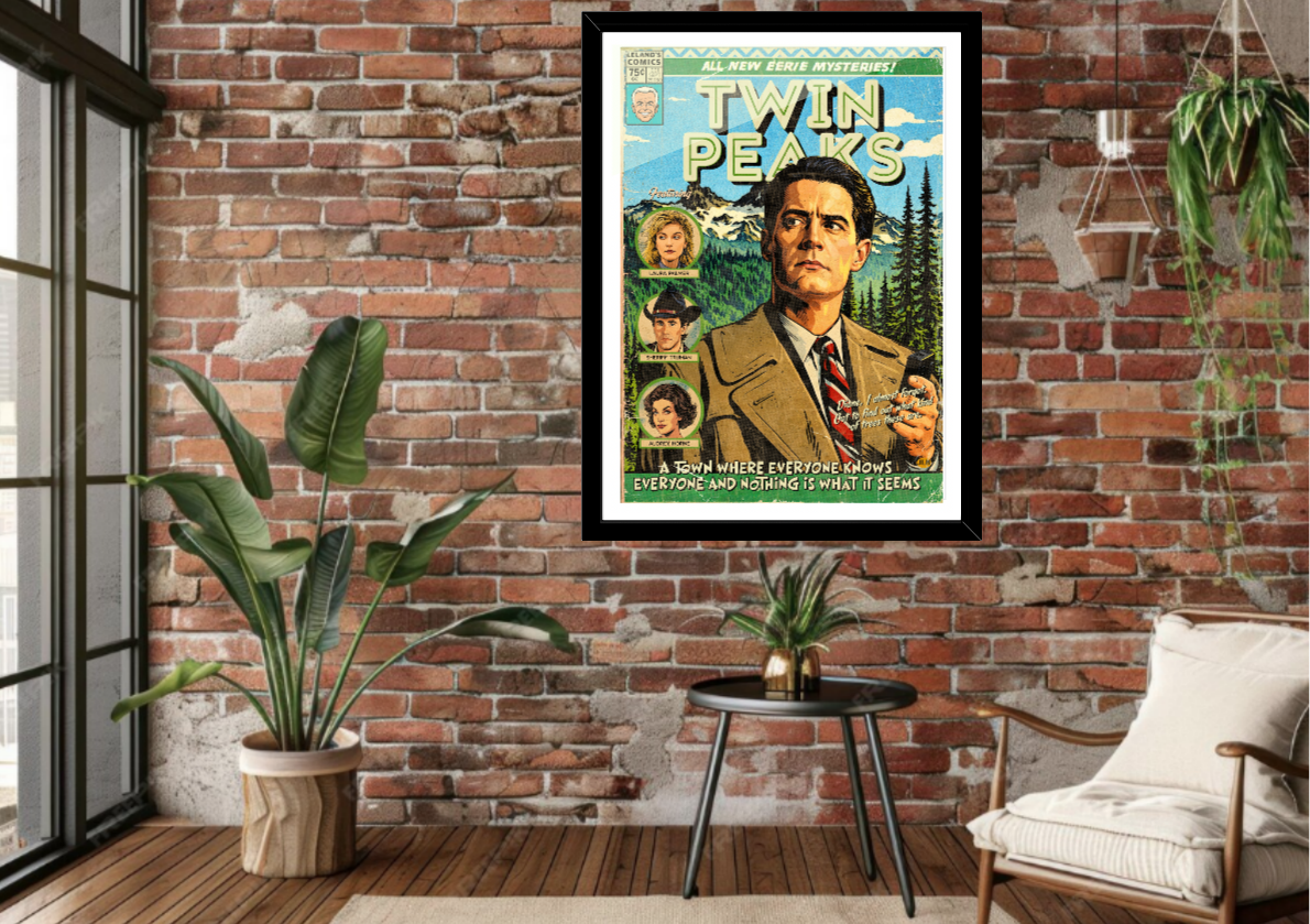 Framed Twin Peaks comic-style art print displayed in a modern interior