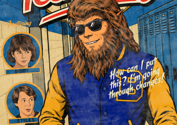 Close up of distressed comic halftone detail on Teen Wolf art print