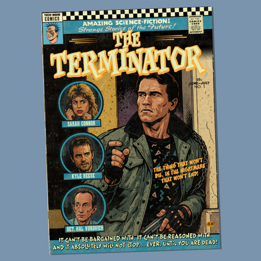 Vintage comic–style The Terminator art print featuring Arnold Schwarzenegger in sci-fi action style