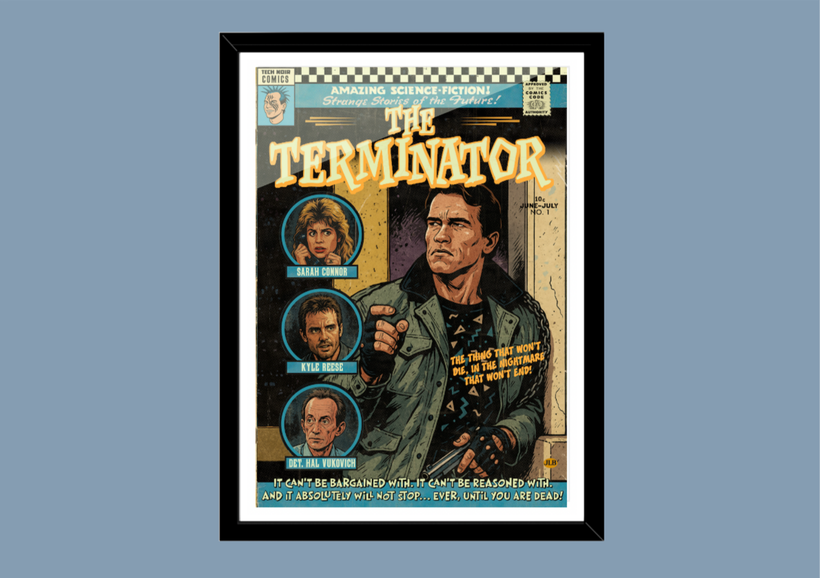 The Terminator retro comic cover art print with 80s sci-fi vibe