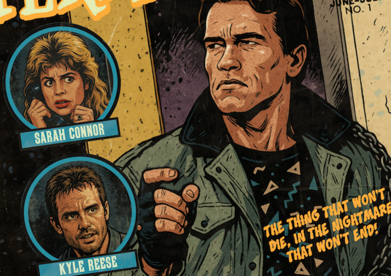 Close-up of halftone and distressed comic texture on The Terminator art print