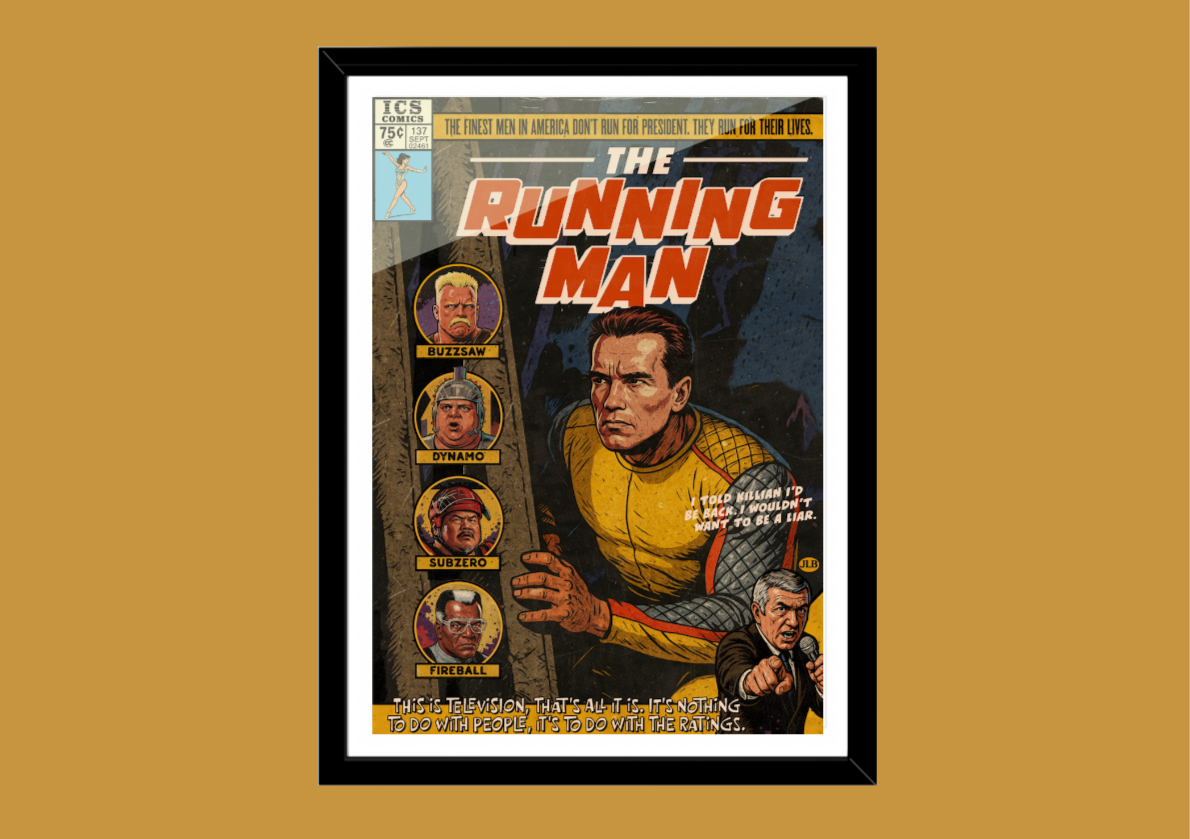 The Running Man retro comic cover art print with neon 80s action vibe