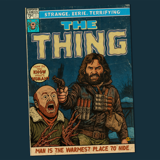 The Thing comic book poster – retro sci-fi horror wall art inspired by John Carpenter