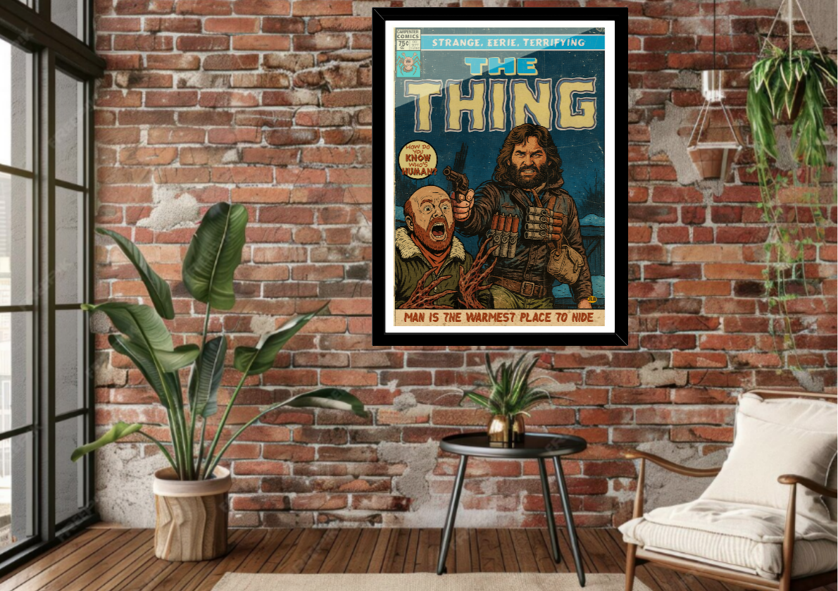 Framed 'The Thing' comic book cover on a brick wall with plants and a chair in the foreground.