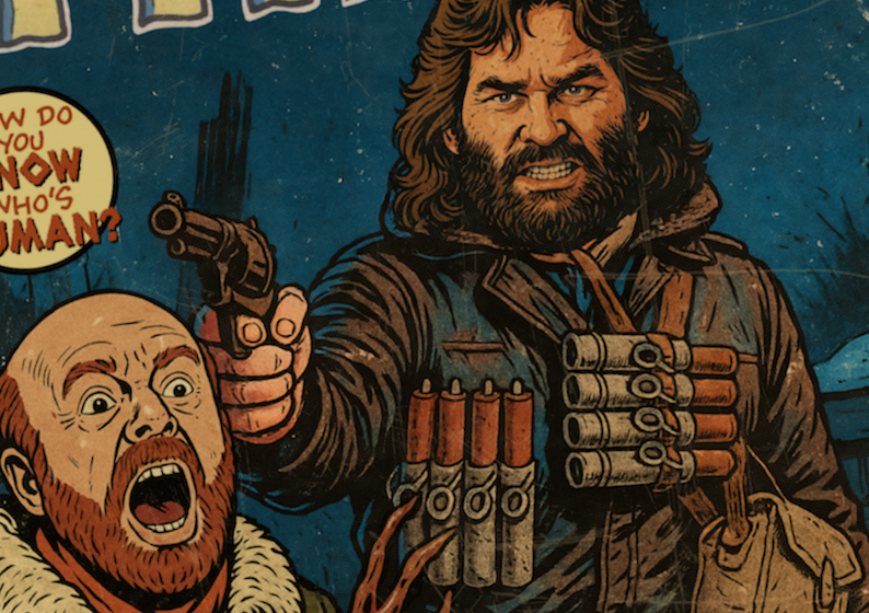 Vintage comic-style print of The Thing 1982 movie scene in icy blue tones