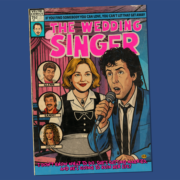 Vintage comic–style The Wedding Singer art print inspired by cult 90s romantic comedy