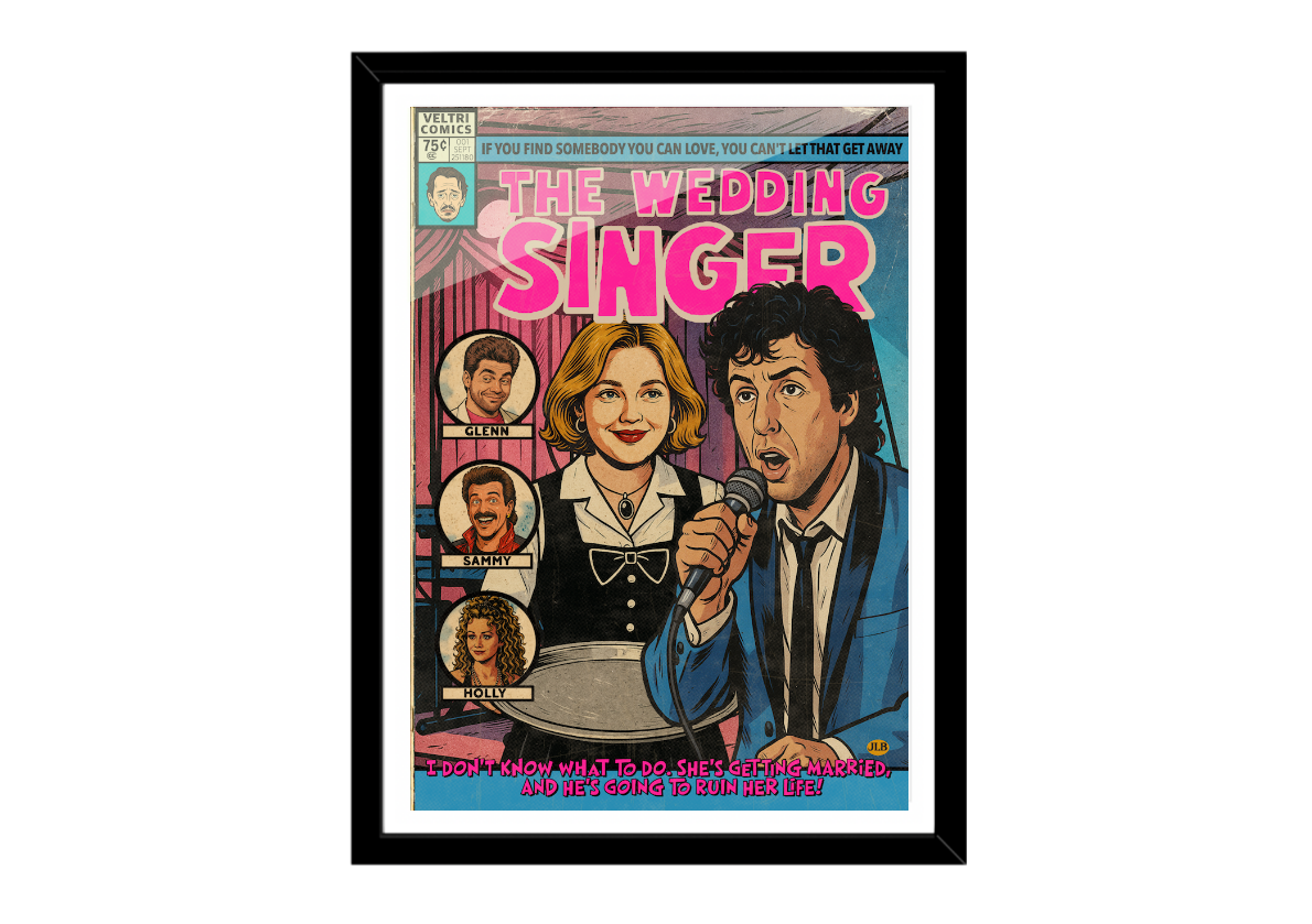 Framed poster of 'The Wedding Singer' with a comic book design.